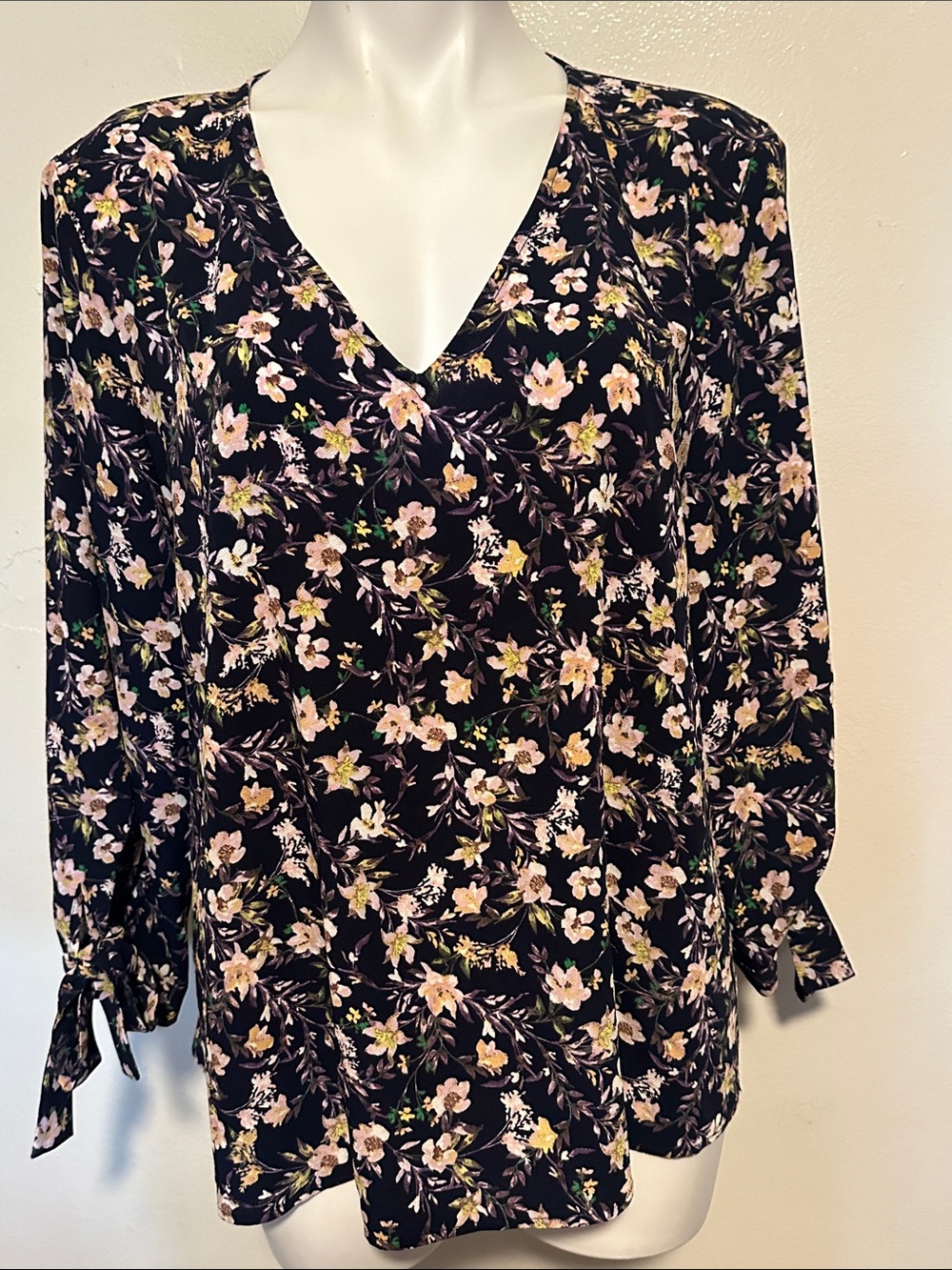 CeCe Black Floral V-Neck Blouse with Tie Cuffs